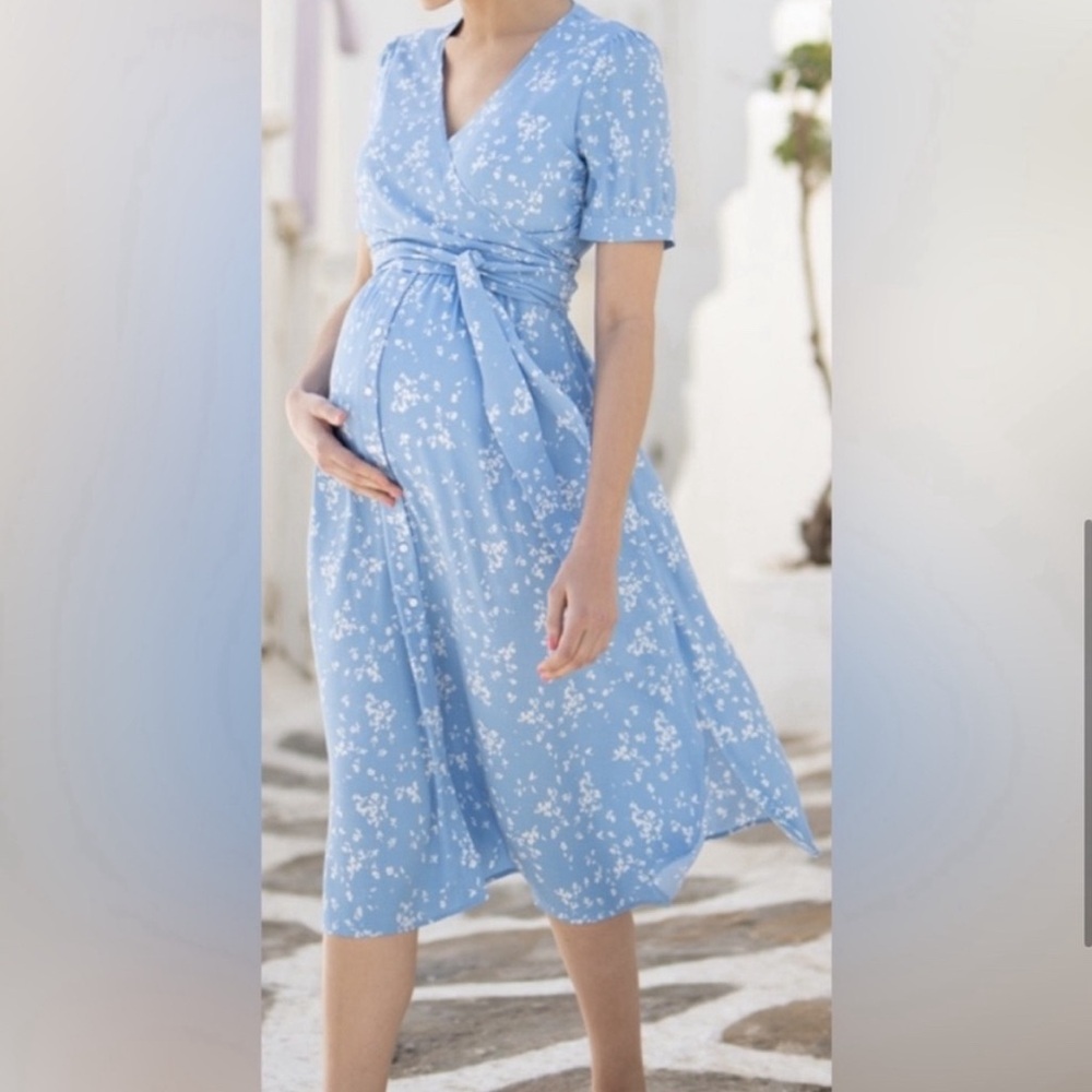 Seraphine Maternity Sanna | Blue Floral Maternity & Nursing Midi Dress Sz 12